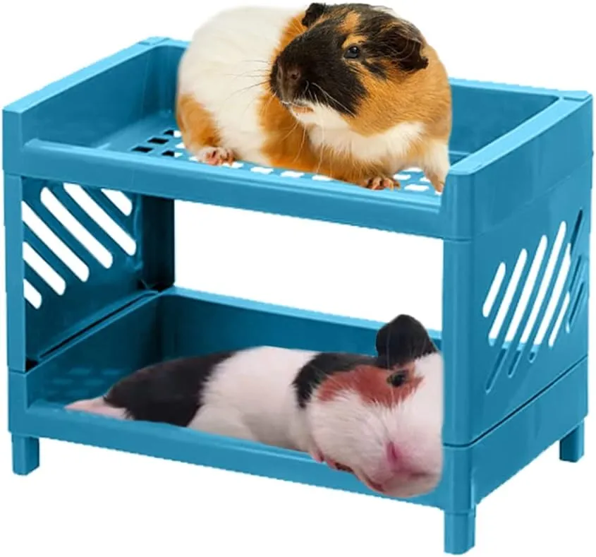 Guinea Pig Bunk Bed for Cage, Multi-Level Sleep Bed with 2 Blankets, Small Animals Cage Habitat Decor, Bedding for Guinea Pig Chinchilla Rat Hedgehog, Blue