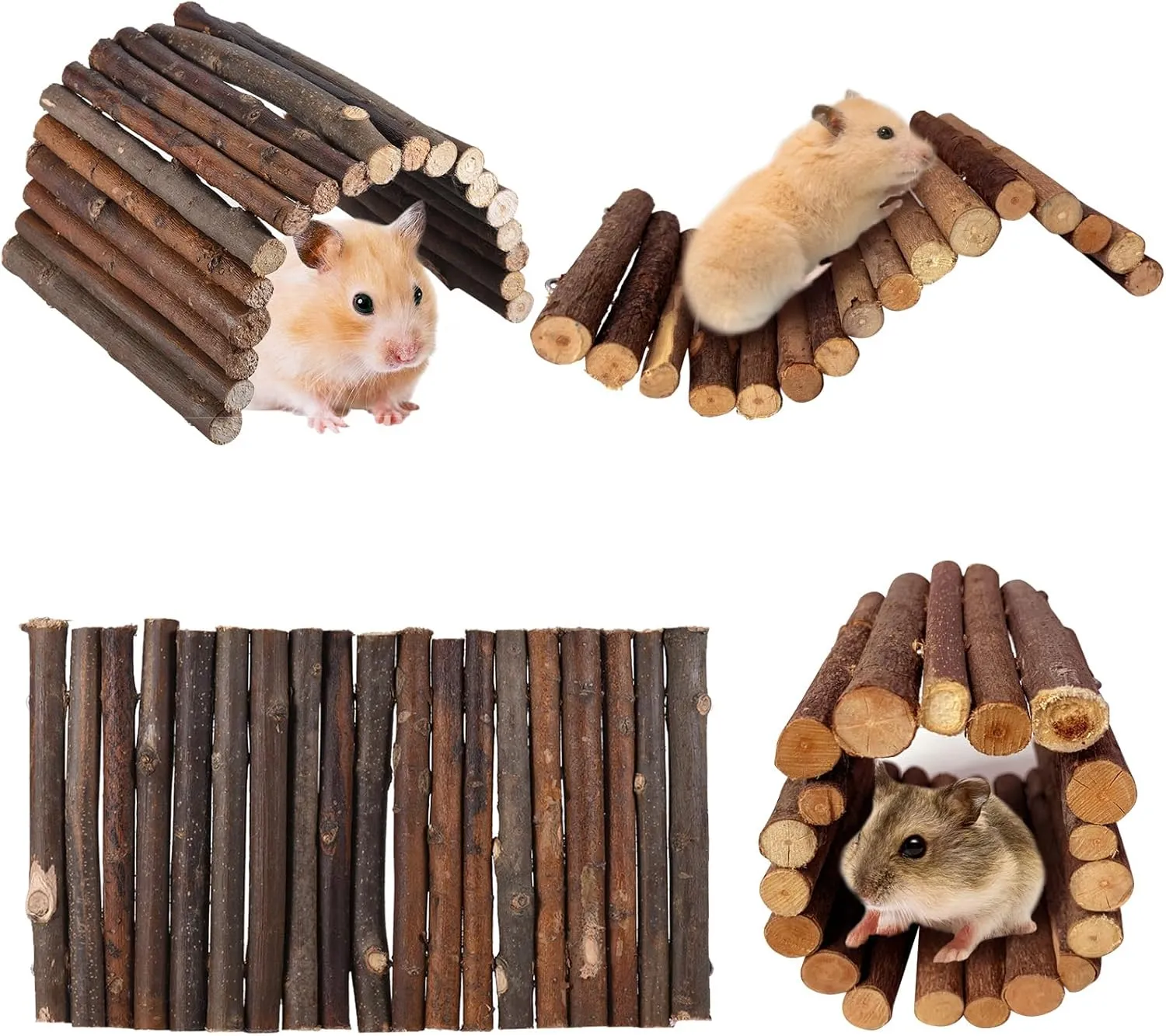 Hamiledyi 4PCS Hamster Bridge Wooden Bridge Toy Rat Ladder Natural Wooden Hideout Tunnel Ladder Hamster Cage Accessories Chew Toys for Guinea Pig Rat Chinchilla Reptile