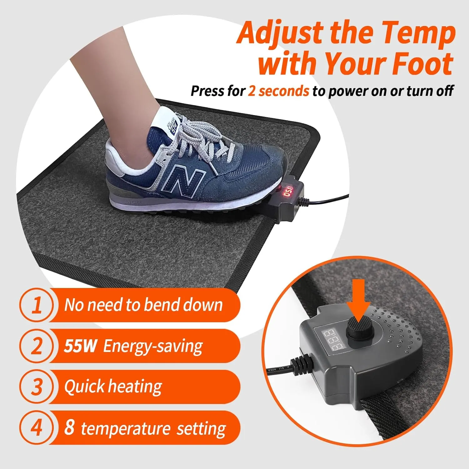 Heated Floor Mat Under Desk for Foot Warmer - Wider 110V Adjustable Temperature Electric Space Heaters Heating Pad - Carbon Crystal & Energy Saving Feet Warmers for office,home (Black Gray)