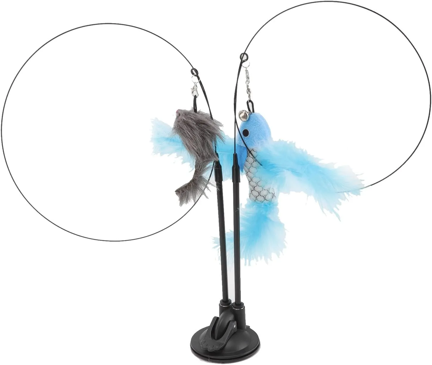 HUONIU Cat Toy Wand with Suction Double Interchangeable Feather Head Blue and Gray (Blue Flying Fish and Gray Mouse)