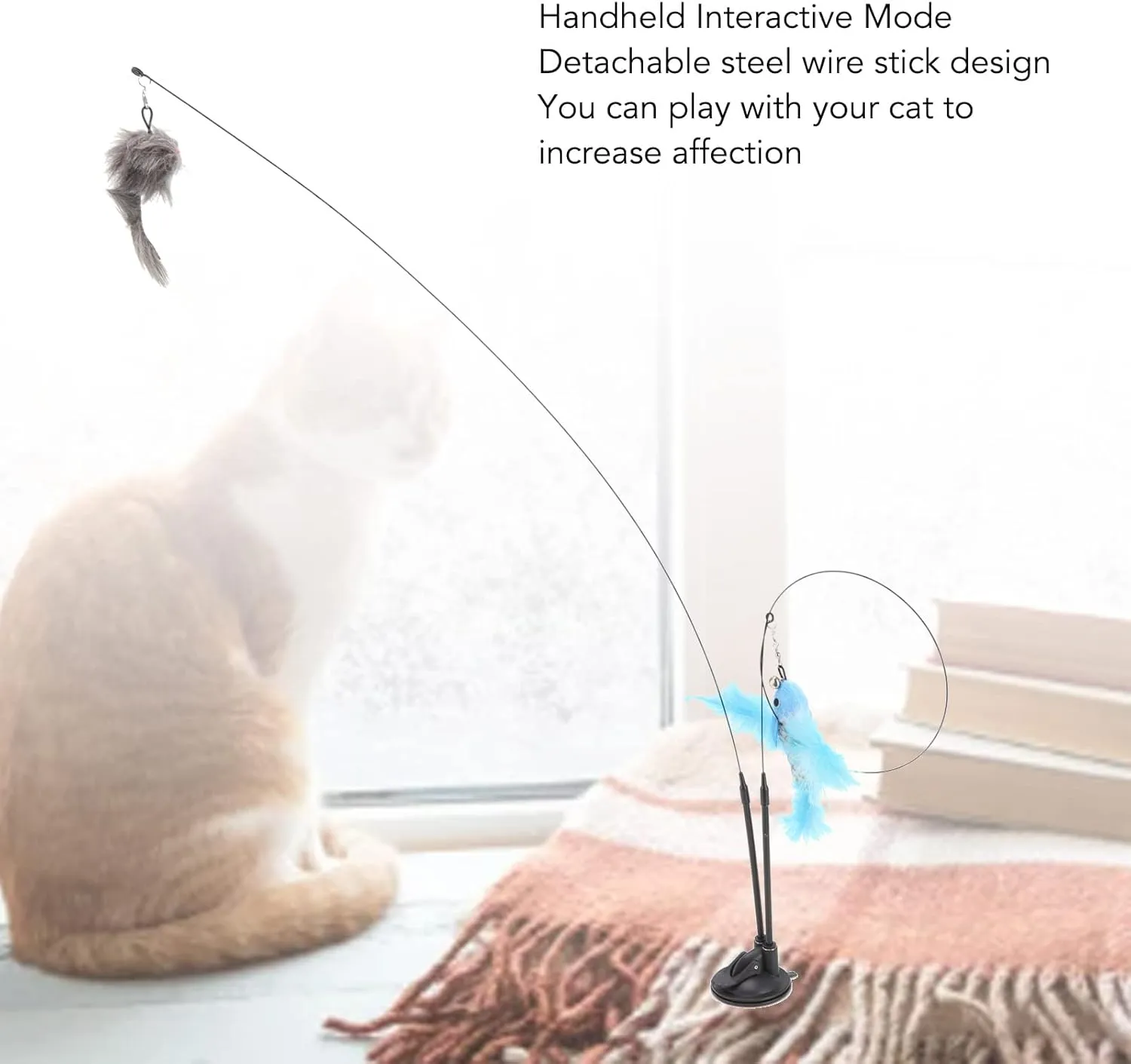 HUONIU Cat Toy Wand with Suction Double Interchangeable Feather Head Blue and Gray (Blue Flying Fish and Gray Mouse)