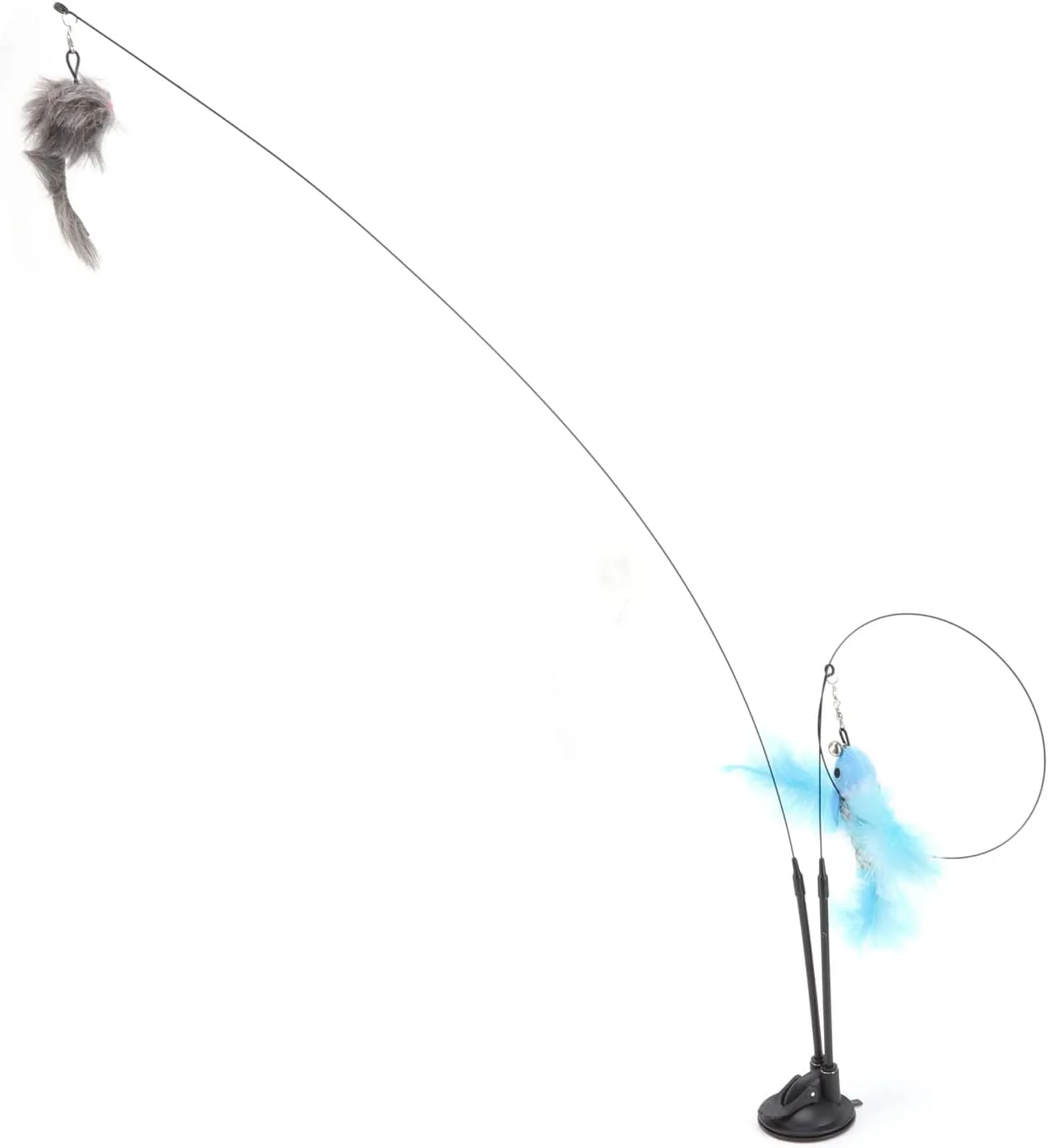 HUONIU Cat Toy Wand with Suction Double Interchangeable Feather Head Blue and Gray (Blue Flying Fish and Gray Mouse)