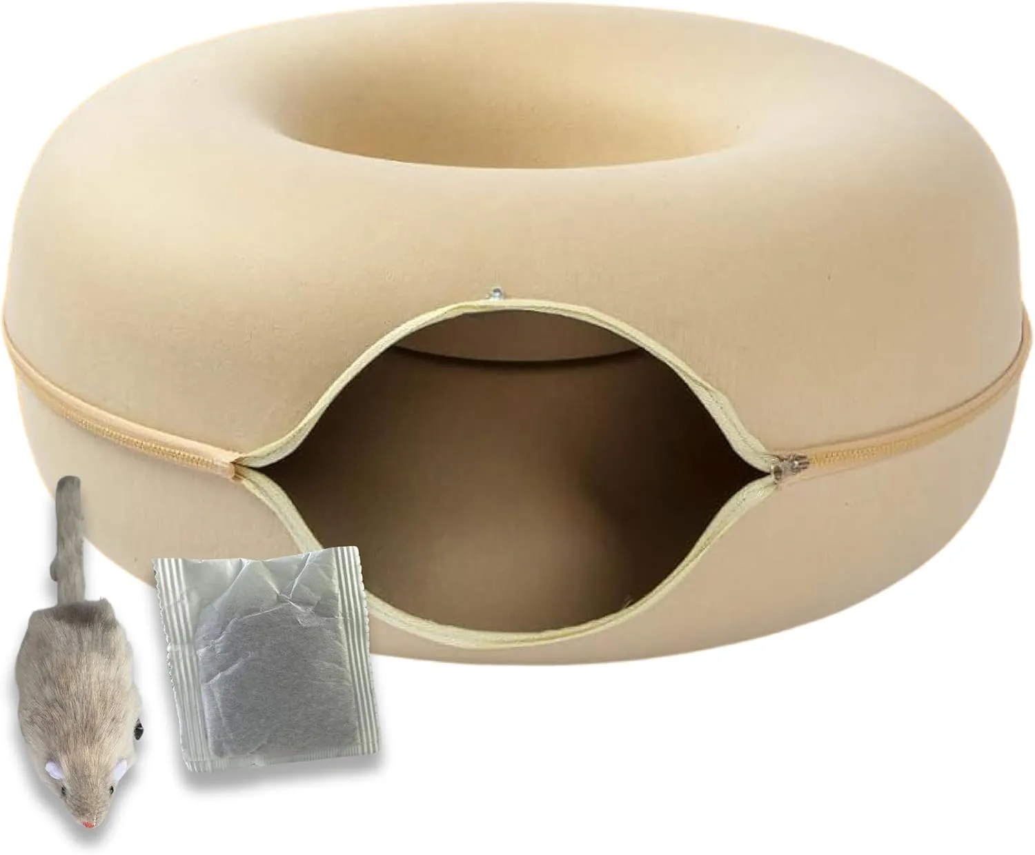 Laluz 2021 Large Cat Tunnel Bed for Indoor Cats Up to 30 Lbs Peekaboo Donut Cave with Catnip and Plush Toys Scratch Resistant Felt Design Detachable and Washable Cat Tunnel (Beige, L)