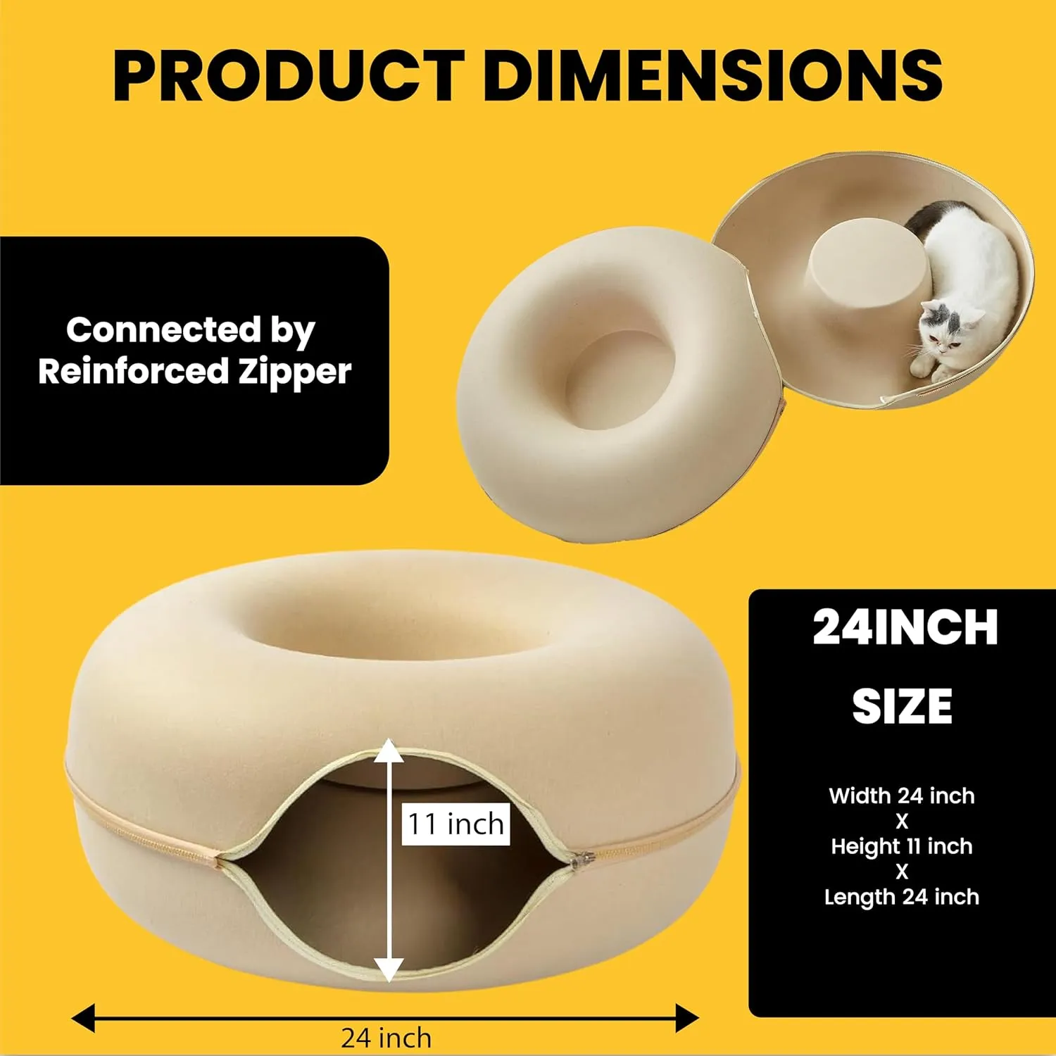 Laluz 2021 Large Cat Tunnel Bed for Indoor Cats Up to 30 Lbs Peekaboo Donut Cave with Catnip and Plush Toys Scratch Resistant Felt Design Detachable and Washable Cat Tunnel (Beige, L)