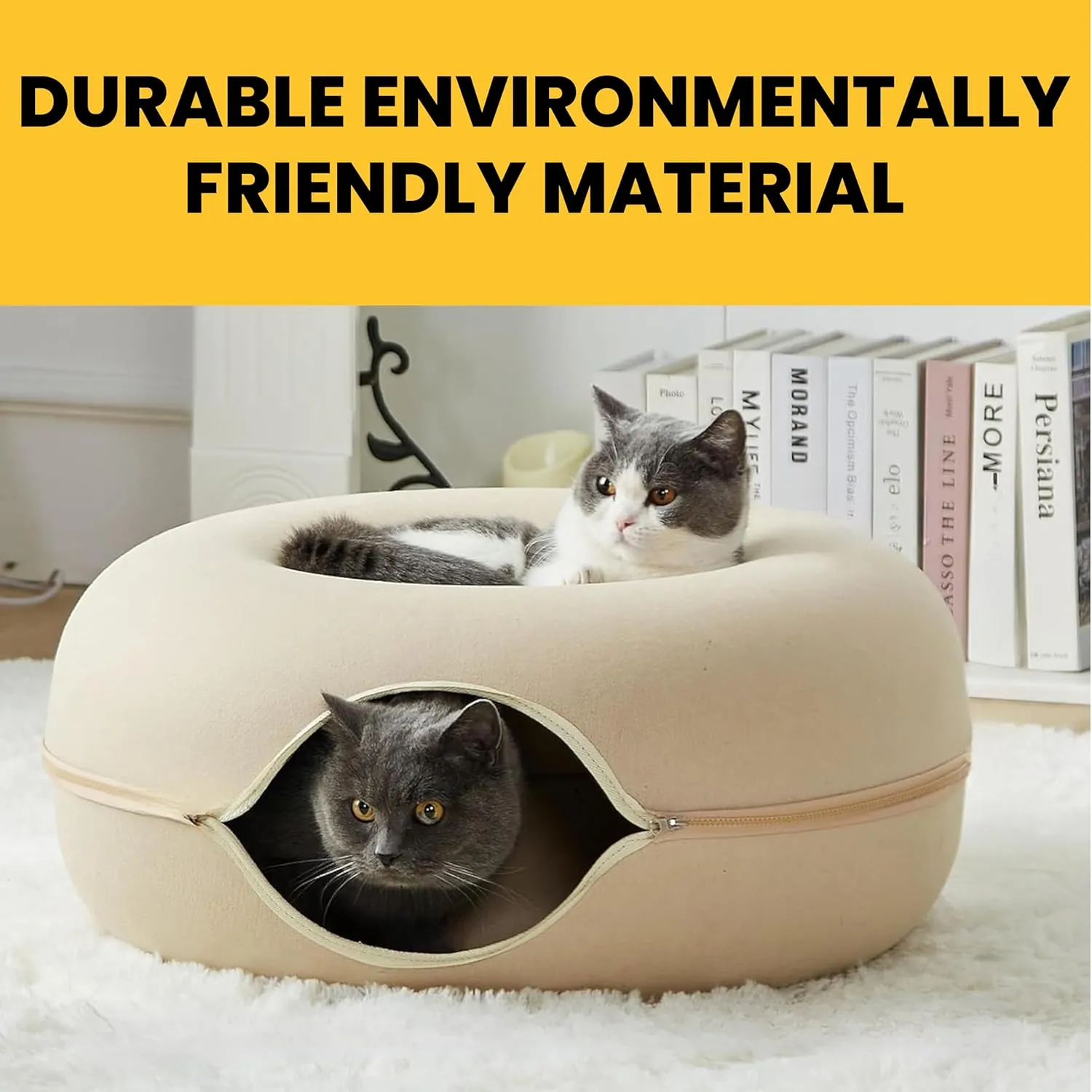 Laluz 2021 Large Cat Tunnel Bed for Indoor Cats Up to 30 Lbs Peekaboo Donut Cave with Catnip and Plush Toys Scratch Resistant Felt Design Detachable and Washable Cat Tunnel (Beige, L)