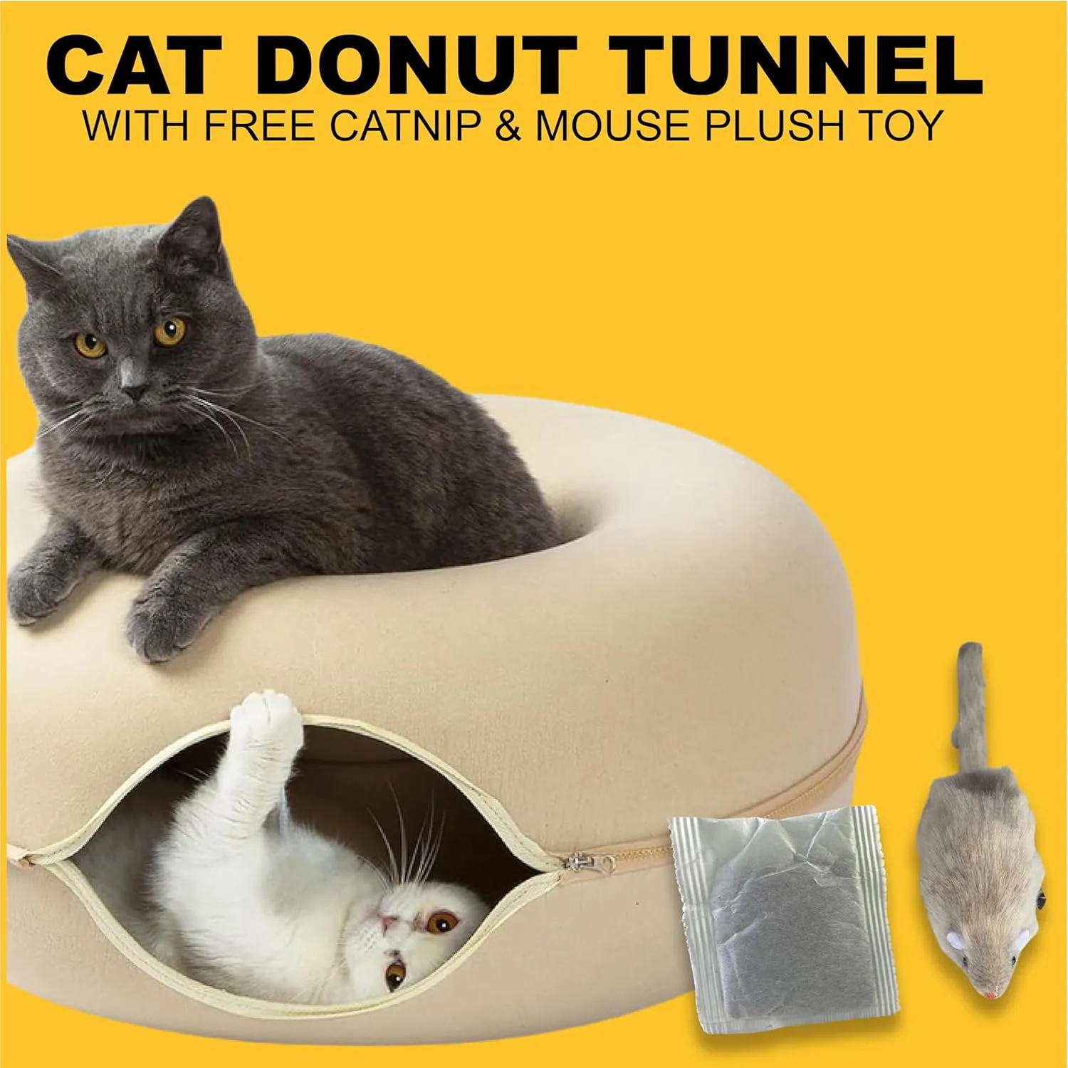 Laluz 2021 Large Cat Tunnel Bed for Indoor Cats Up to 30 Lbs Peekaboo Donut Cave with Catnip and Plush Toys Scratch Resistant Felt Design Detachable and Washable Cat Tunnel (Beige, L)
