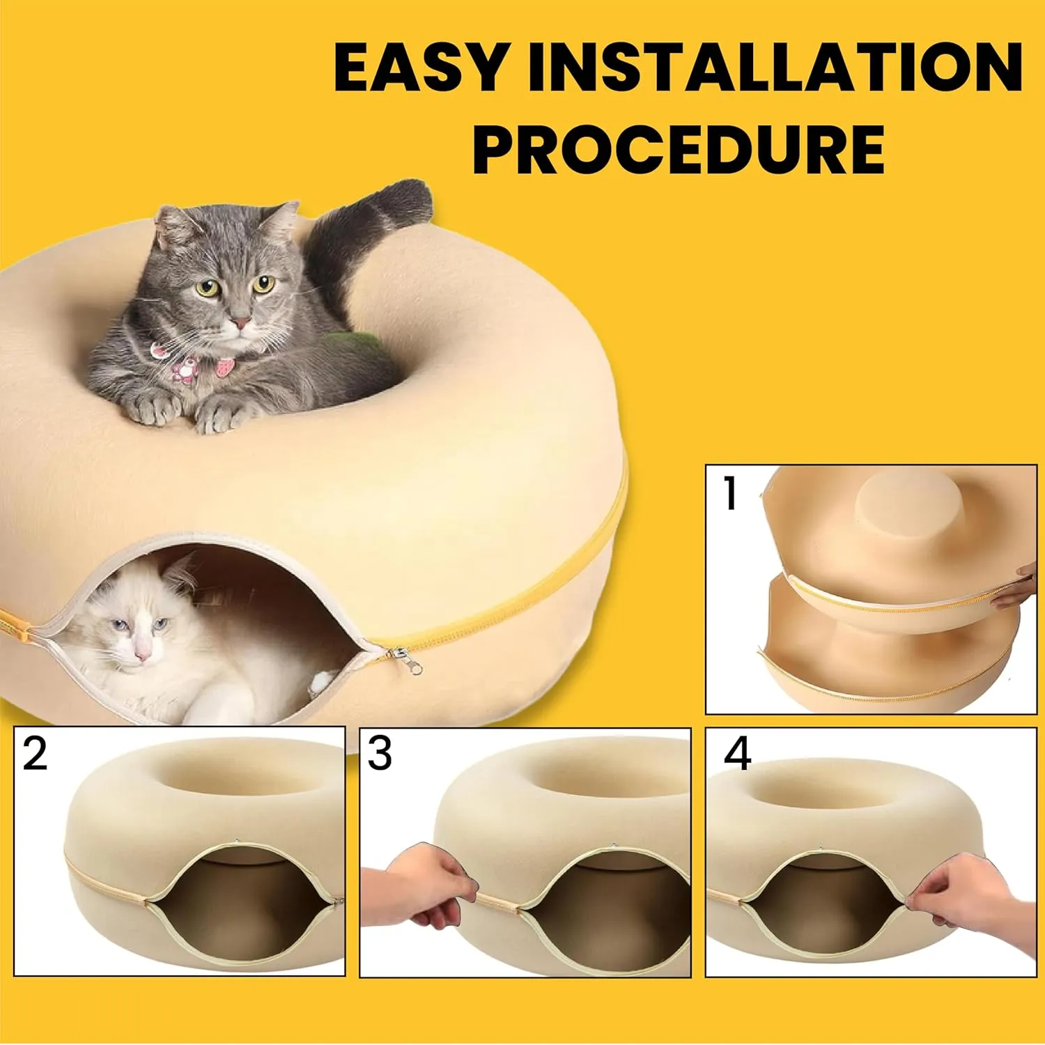 Laluz 2021 Large Cat Tunnel Bed for Indoor Cats Up to 30 Lbs Peekaboo Donut Cave with Catnip and Plush Toys Scratch Resistant Felt Design Detachable and Washable Cat Tunnel (Beige, L)