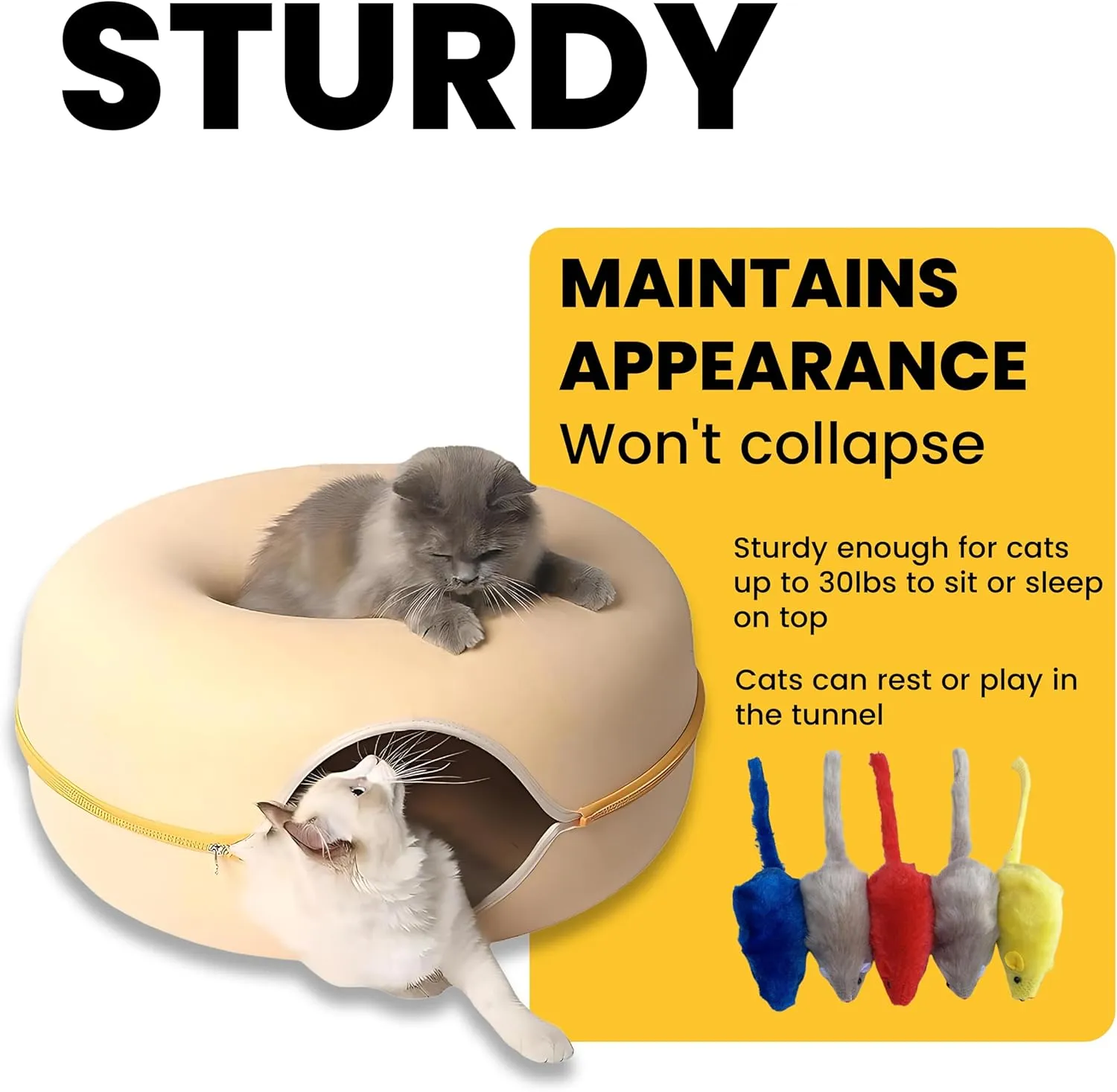 Laluz 2021 Large Cat Tunnel Bed for Indoor Cats Up to 30 Lbs Peekaboo Donut Cave with Catnip and Plush Toys Scratch Resistant Felt Design Detachable and Washable Cat Tunnel (Beige, L)