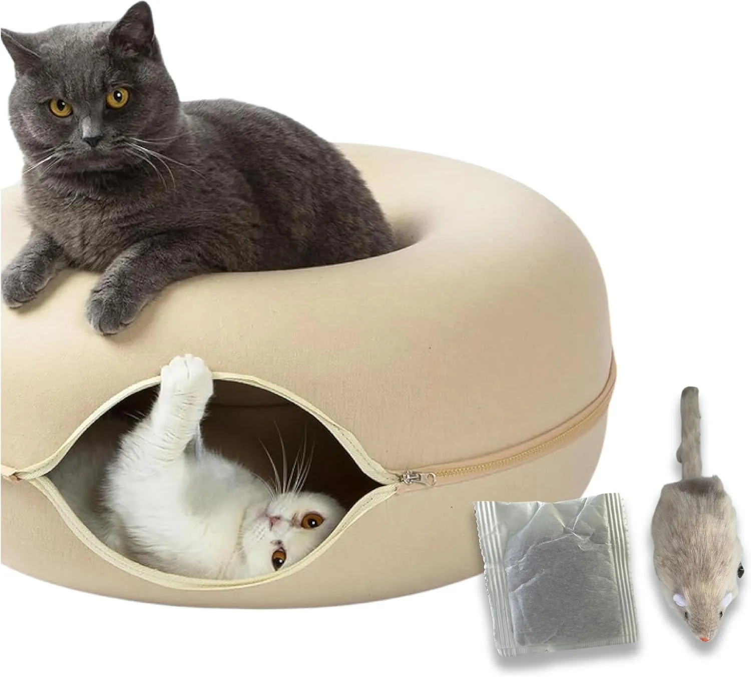 Laluz 2021 Large Cat Tunnel Bed for Indoor Cats Up to 30 Lbs Peekaboo Donut Cave with Catnip and Plush Toys Scratch Resistant Felt Design Detachable and Washable Cat Tunnel (Beige, L)