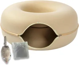 Laluz 2021 Large Cat Tunnel Bed for Indoor Cats Up to 30 Lbs Peekaboo Donut Cave with Catnip and Plush Toys Scratch Resistant Felt Design Detachable and Washable Cat Tunnel (Beige, L)