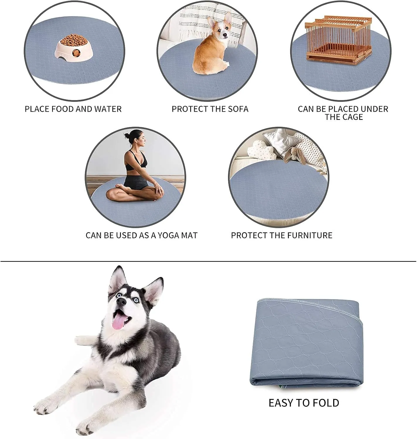 MBJERRY Non-Slip Dogs Training Pee Pads - Washable Reusable Waterproof Cats Pads for Potty Training/Whelping/Housebreaking, for Playpen Crate Kennel(48 Round,Gray)