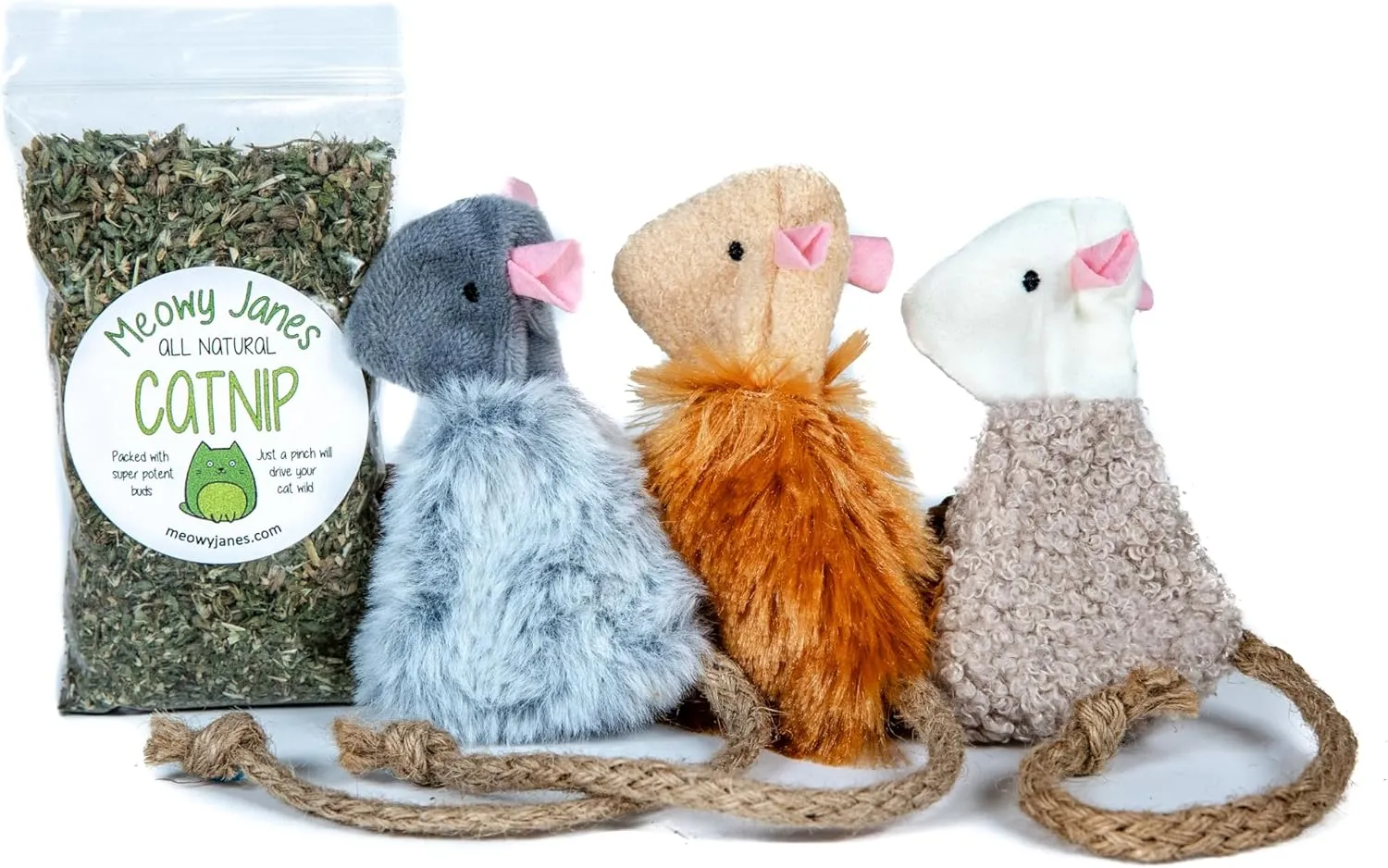 Meowy Janes Refillable Mouse 3 Pack Handmade Cat Toy with Catnip Filling | Fuzzy Toy Gift Pack for Cats