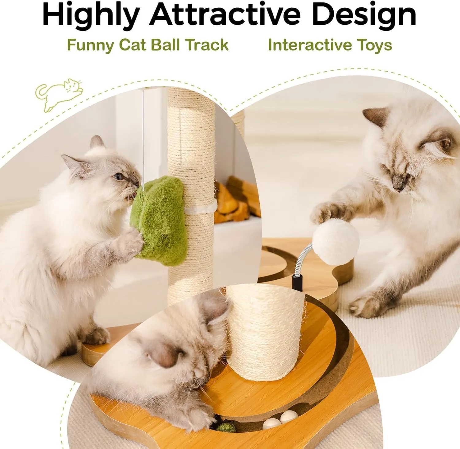 Mewoo Cat Scratching Post & Bed, Small Cat Tower, Sisal Cat Scratcher, Cat Ball Track with Toys (Green, Medium)
