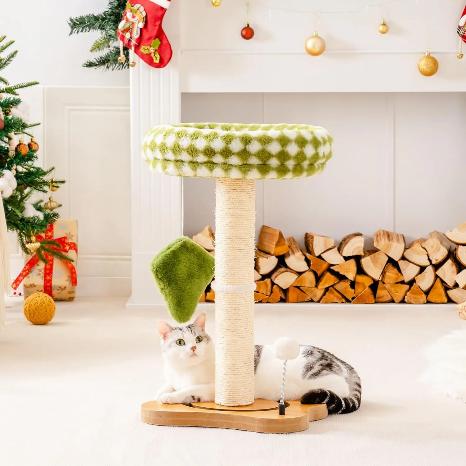 Mewoo Cat Scratching Post & Bed, Small Cat Tower, Sisal Cat Scratcher, Cat Ball Track with Toys (Green, Medium)