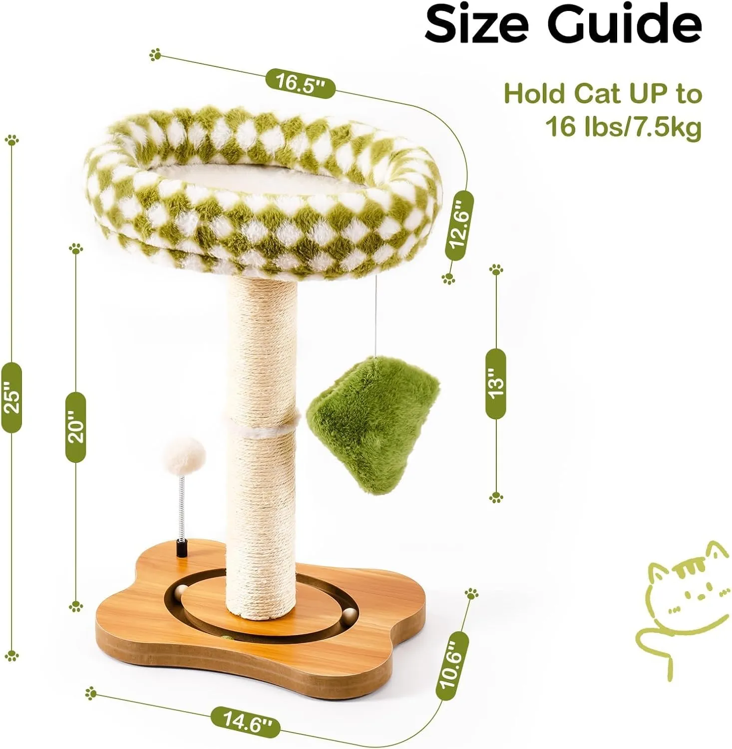 Mewoo Cat Scratching Post & Bed, Small Cat Tower, Sisal Cat Scratcher, Cat Ball Track with Toys (Green, Medium)