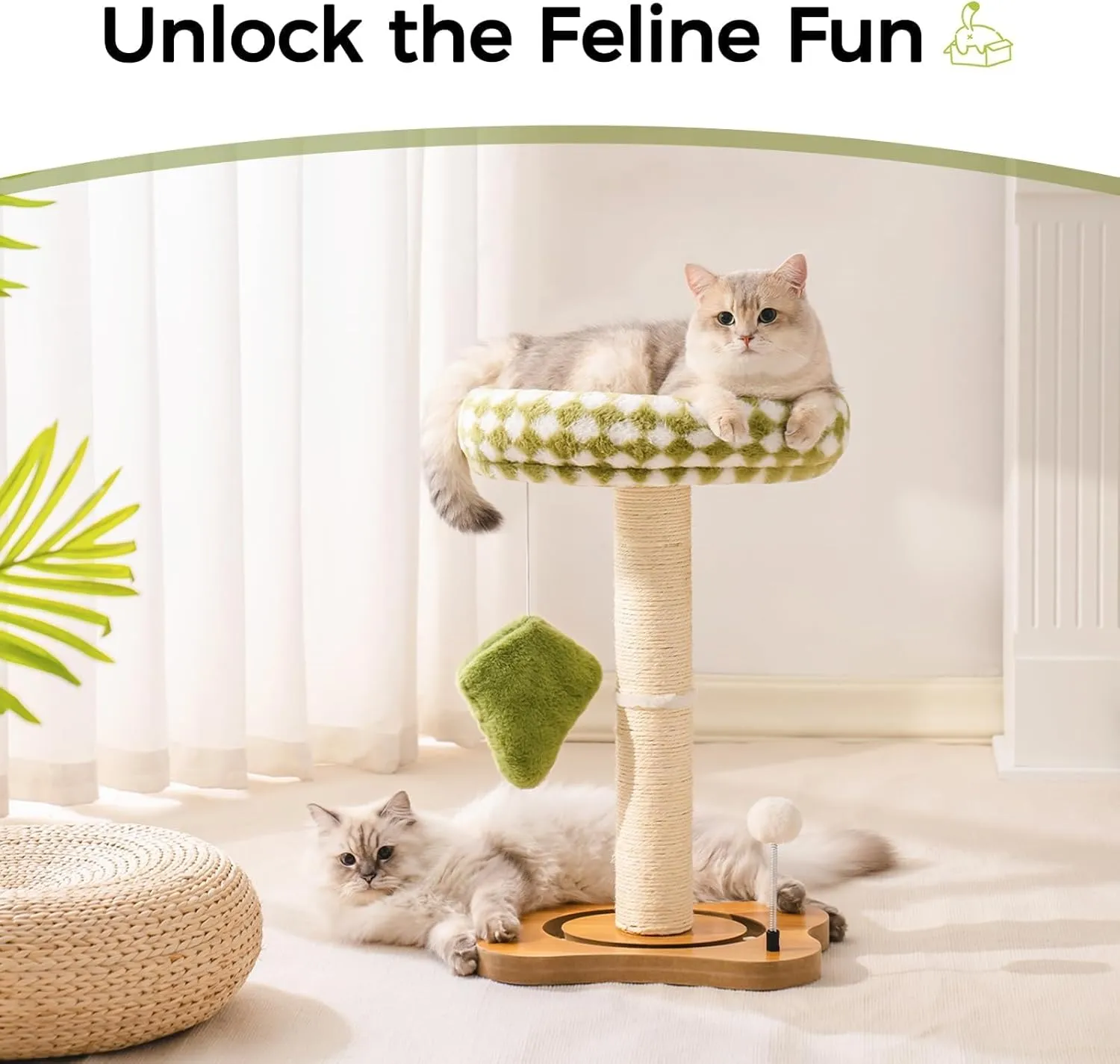 Mewoo Cat Scratching Post & Bed, Small Cat Tower, Sisal Cat Scratcher, Cat Ball Track with Toys (Green, Medium)