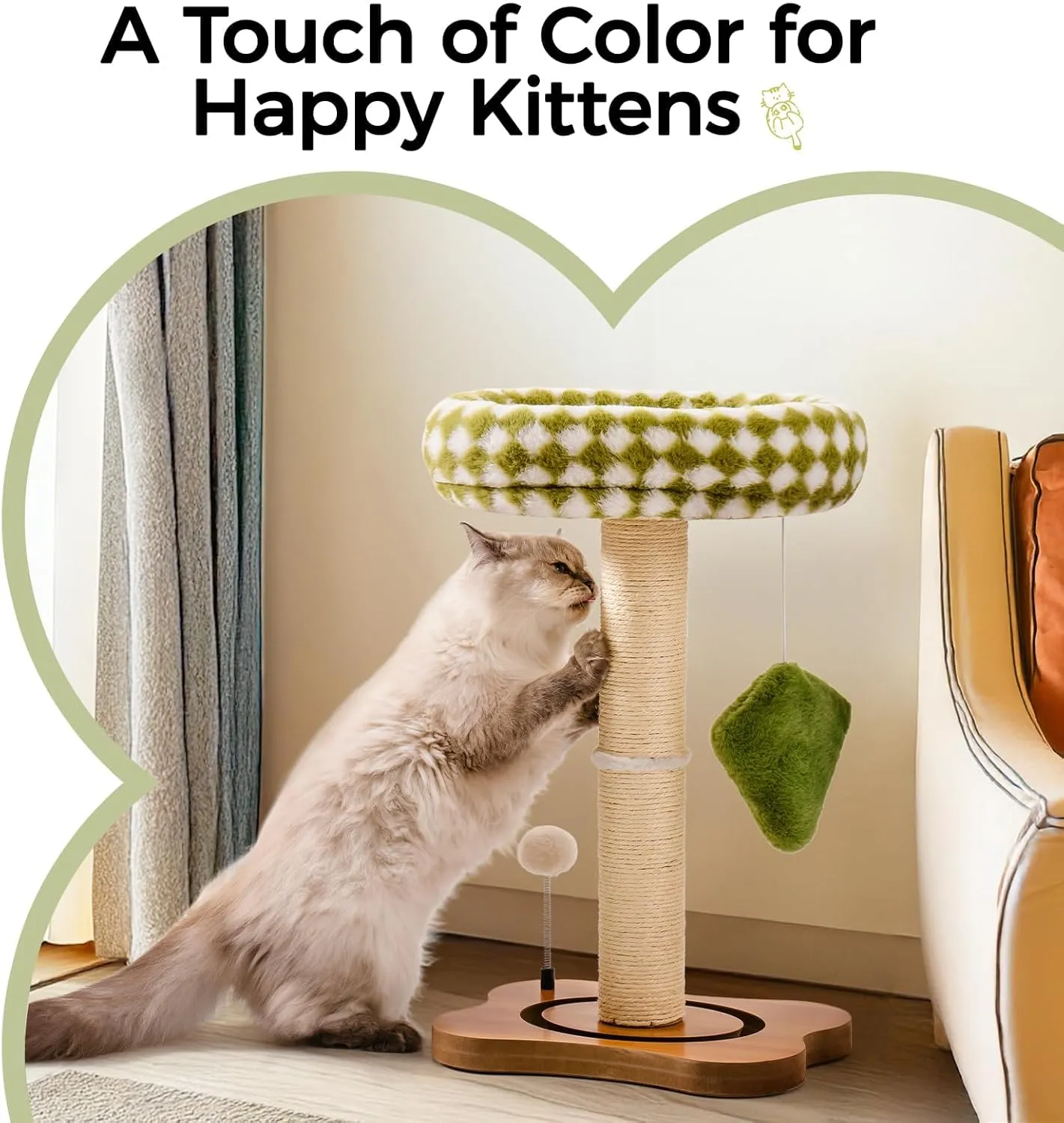 Mewoo Cat Scratching Post & Bed, Small Cat Tower, Sisal Cat Scratcher, Cat Ball Track with Toys (Green, Medium)
