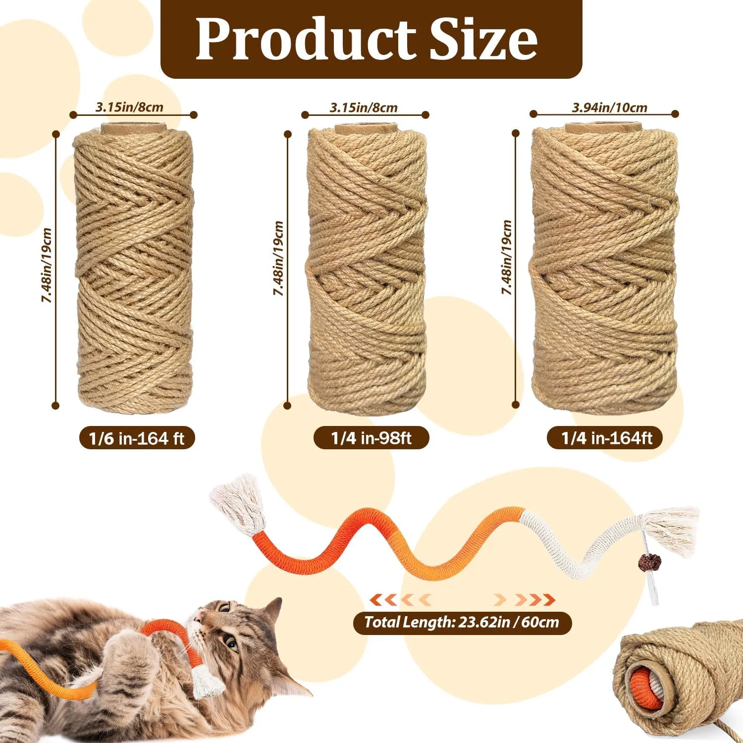 Natural Sisal Rope for Cat Scratcher,1/4 inch,164Ft,Natural Jute Rope for Cat Scratcher Repair and DIY Tree, Recovering, Hemp Twine Rope for Cat Scratching Post Tower Replacement with Chew Toy