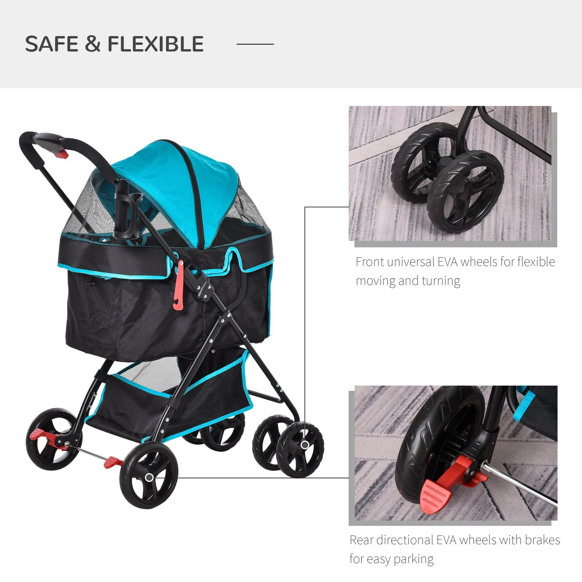 One-Click Fold Pet Stroller Travel Trolley with EVA Wheels - Blue & Black