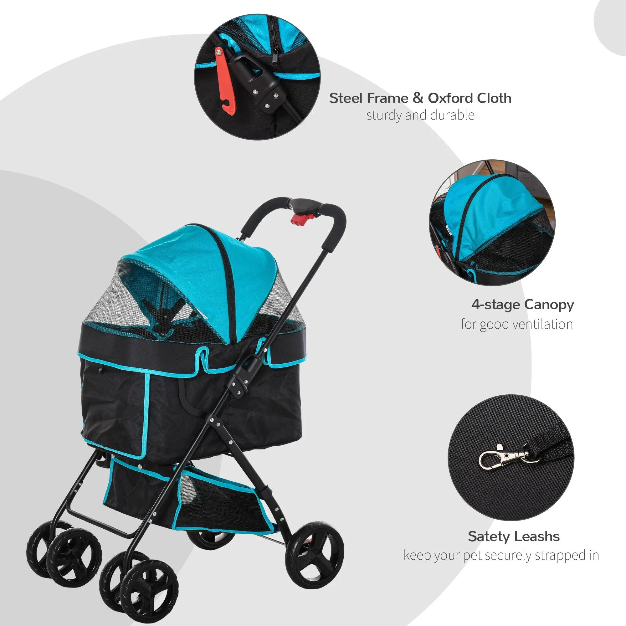 One-Click Fold Pet Stroller Travel Trolley with EVA Wheels - Blue & Black