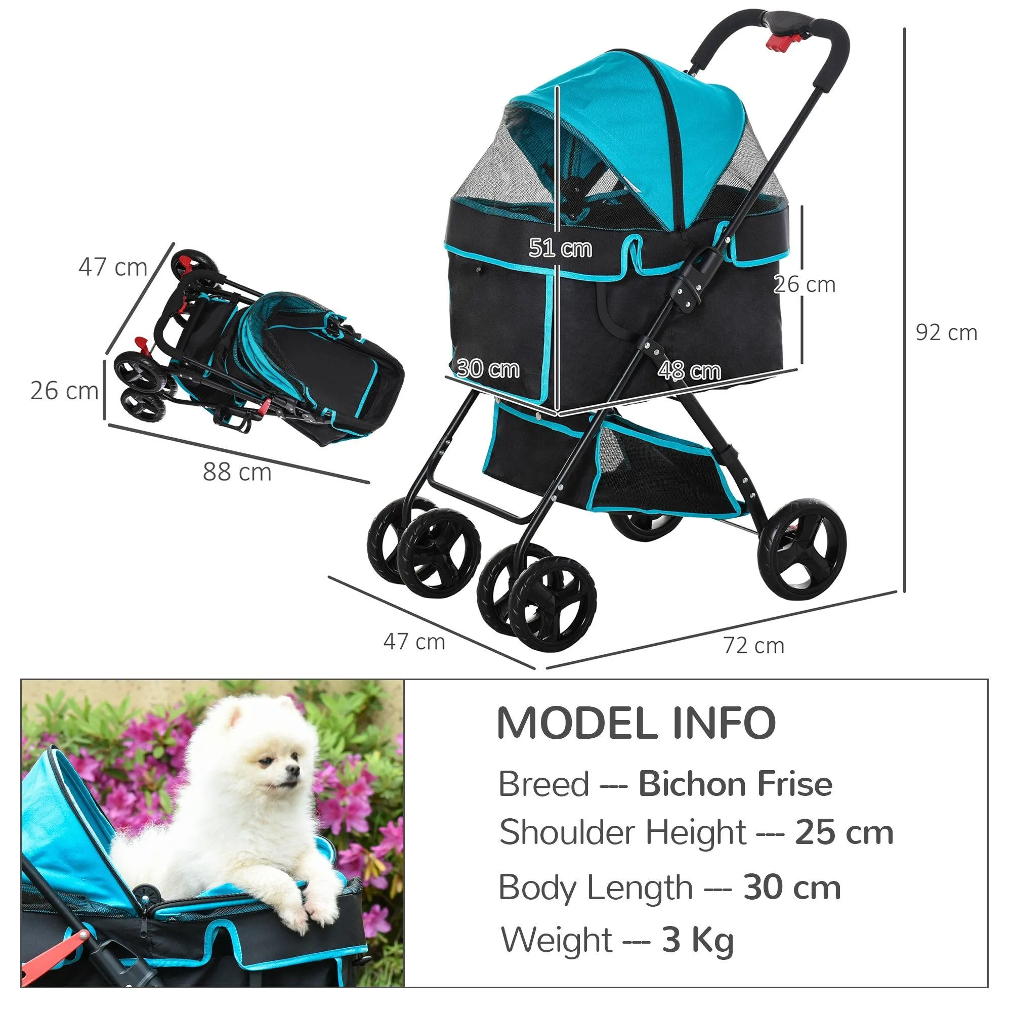 One-Click Fold Pet Stroller Travel Trolley with EVA Wheels - Blue & Black