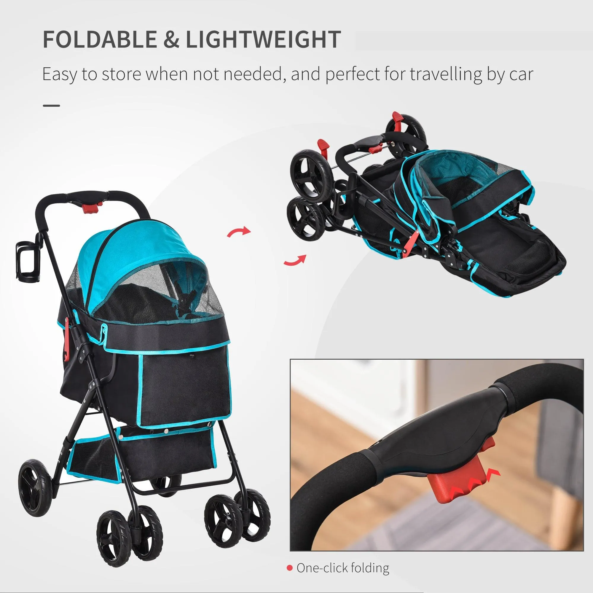 One-Click Fold Pet Stroller Travel Trolley with EVA Wheels - Blue & Black