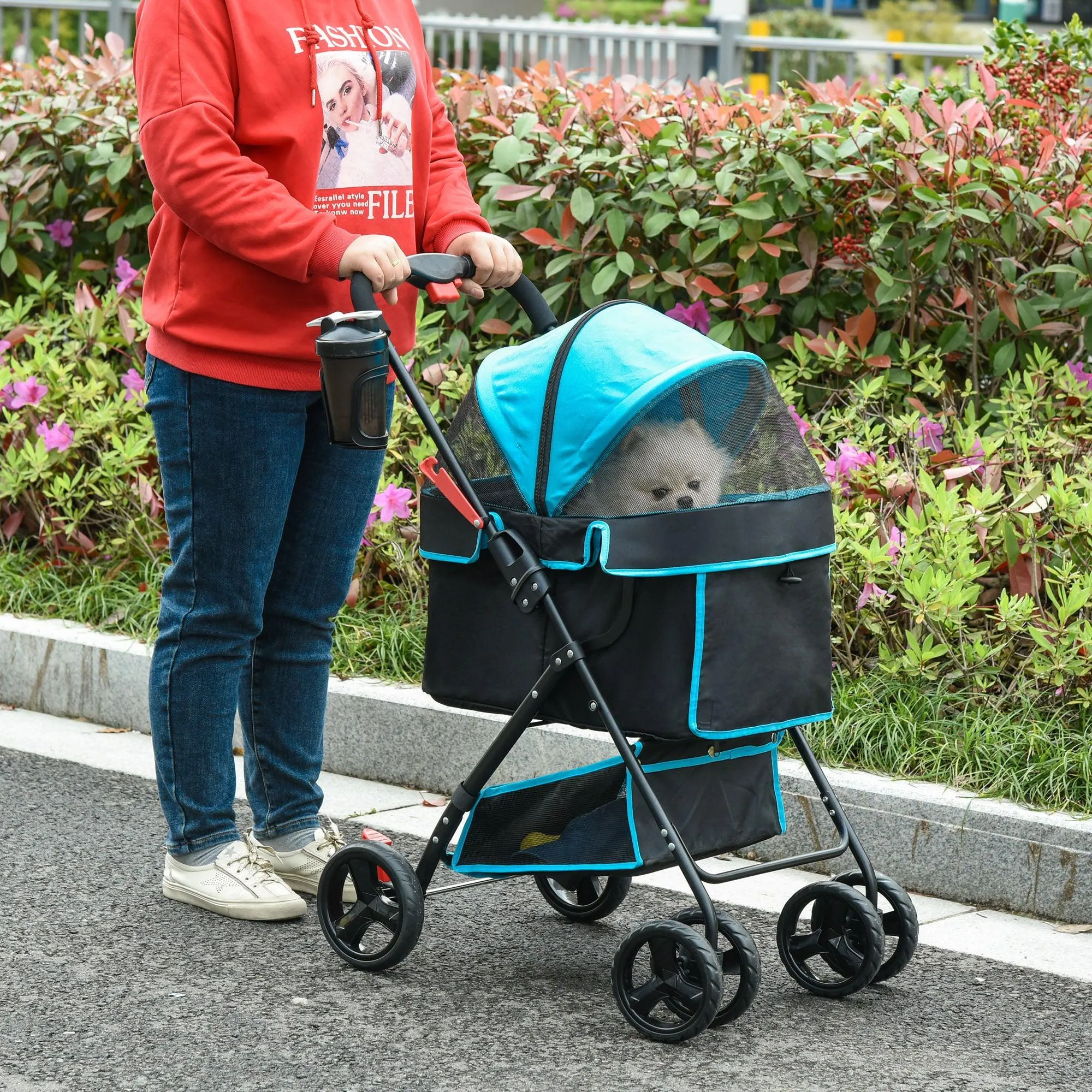 One-Click Fold Pet Stroller Travel Trolley with EVA Wheels - Blue & Black