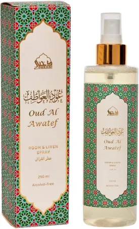 Oud al Awatef Arabic Room Spray by Dukhni | 250ml Oud fragrance Air Freshener, Attar al Faraash for home & prayer mats | Bed linen, Sofa Mist, natural home scent, curtain spray, odour eliminator