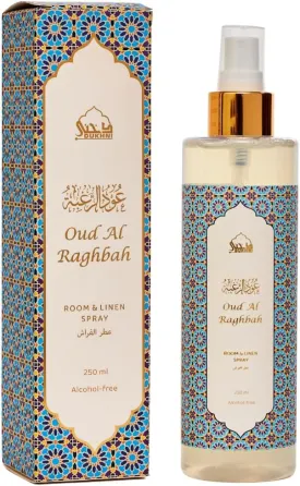 Oud al Raghbah Arabic Room Spray by Dukhni | 250ml Oud fragrance Air Freshener, Attar al Faraash for home & prayer mats | Bed linen, Sofa Mist, natural home scent, curtain spray, odour eliminator