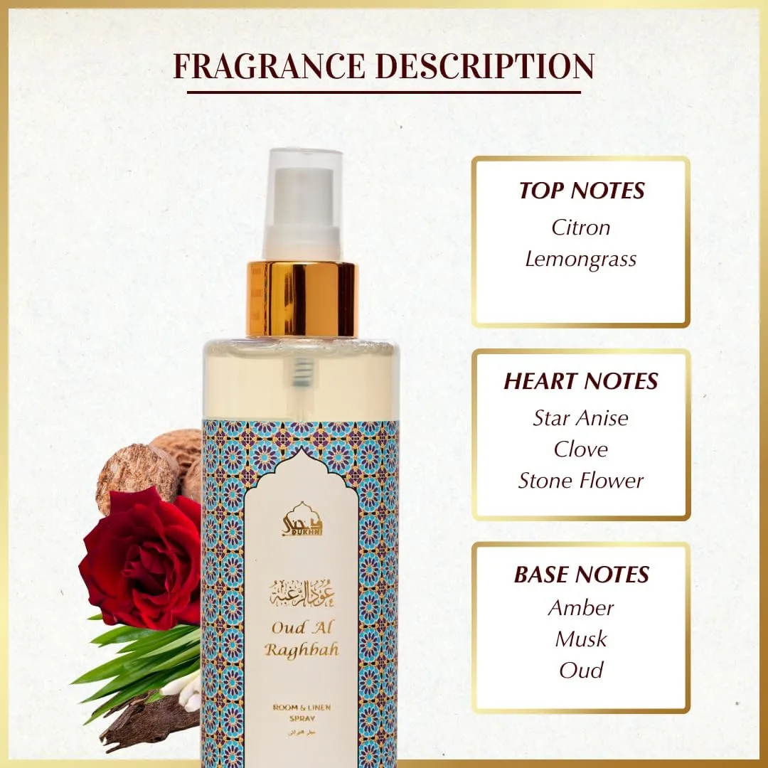 Oud al Raghbah Arabic Room Spray by Dukhni | 250ml Oud fragrance Air Freshener, Attar al Faraash for home & prayer mats | Bed linen, Sofa Mist, natural home scent, curtain spray, odour eliminator