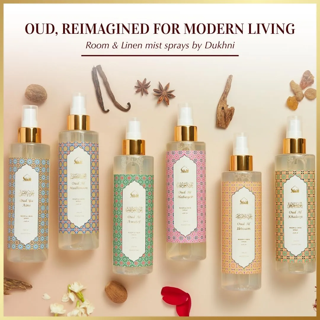 Oud al Raghbah Arabic Room Spray by Dukhni | 250ml Oud fragrance Air Freshener, Attar al Faraash for home & prayer mats | Bed linen, Sofa Mist, natural home scent, curtain spray, odour eliminator