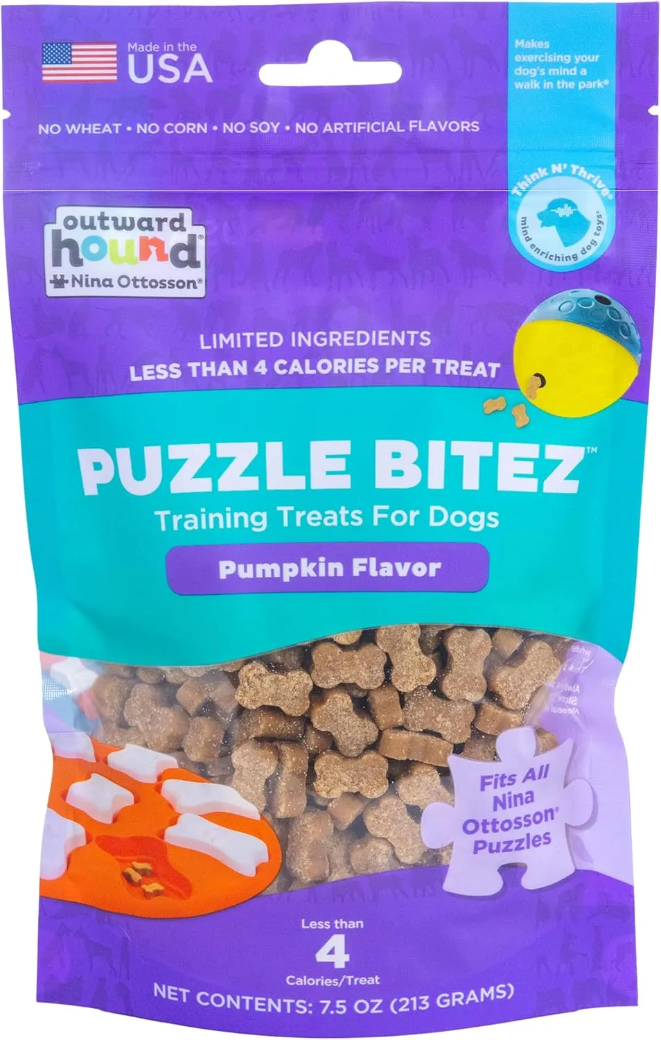 Outward Hound by Nina Ottosson Puzzle Bitez USA Made Dog Treats, Pumpkin Flavor, Bite-Sized Training Reward and Interactive Puzzle Toy Treats, 7.5oz