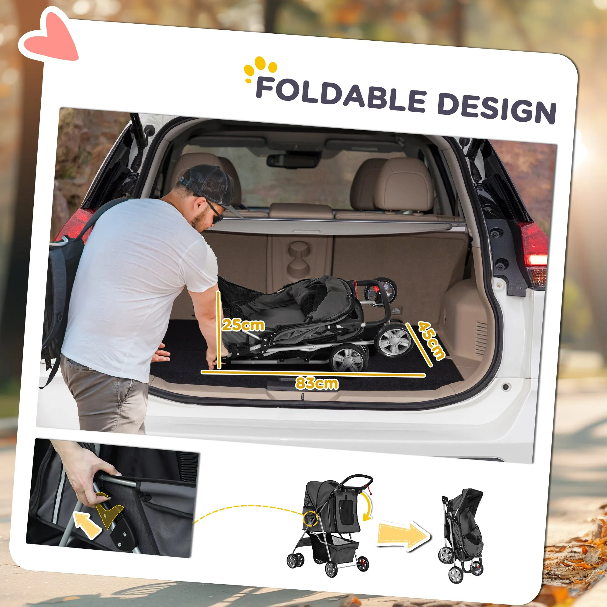 PawHut Pet Stroller Carrier Foldable Deluxe Walk Travel Dog Dark Grey