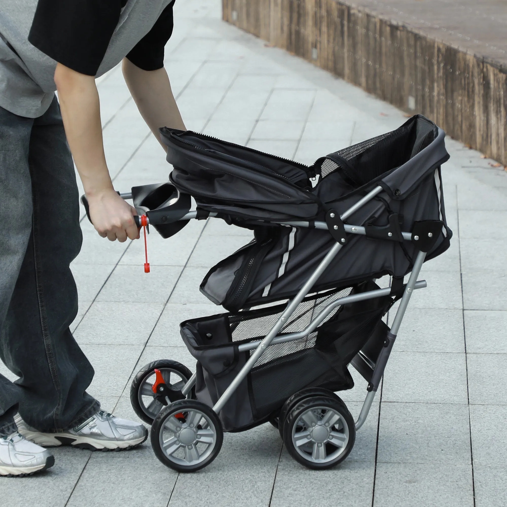 PawHut Pet Stroller Carrier Foldable Deluxe Walk Travel Dog Dark Grey
