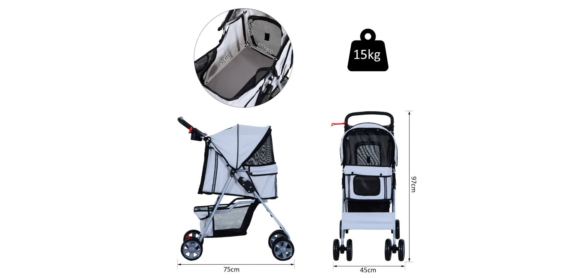 PawHut Pet Stroller D00-058GY 970 x 750 x 450 mm Silver