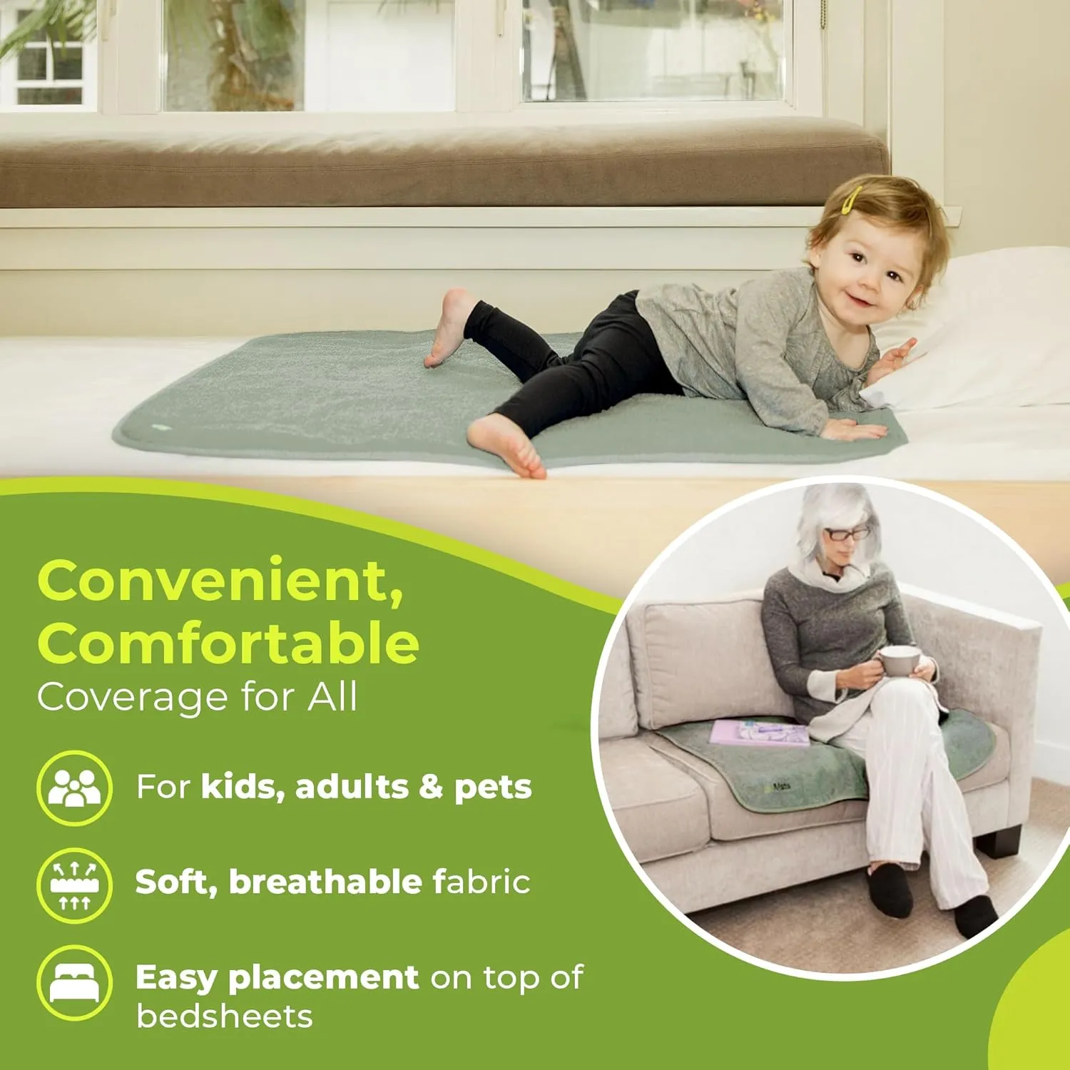 PeapodMats Bedwetting & Incontinence Waterproof Bed Mat - Reusable Underpad. Secure Placement & Breathable. Washable. Enviro Friendly 3x3 (Sage) Mattress Protector & Pee Pad for Kids & Adults
