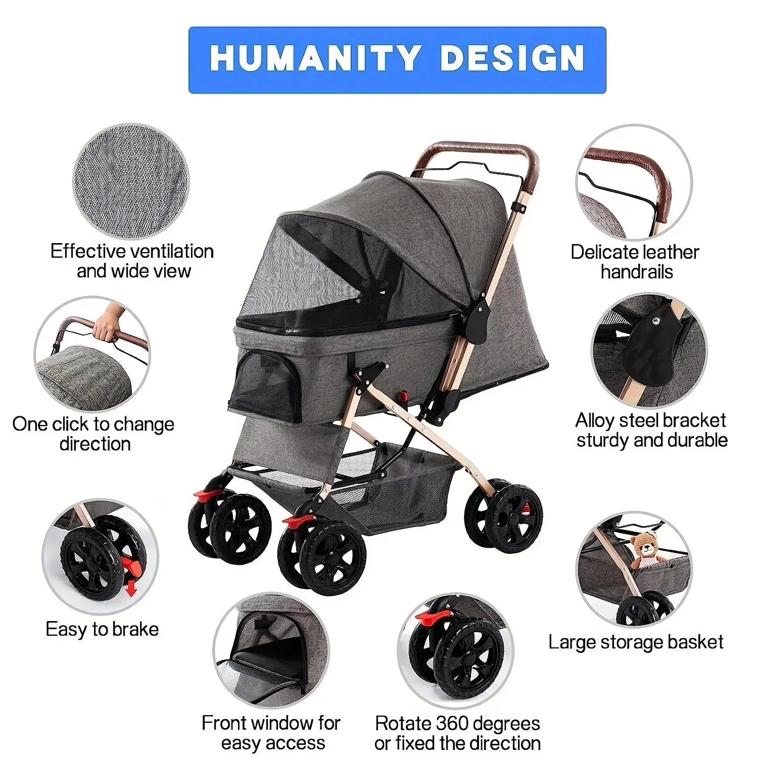 Pet Stroller for Cats and Dogs | Four Wheels Carrier Strolling Cart with Weather Cover | Storage Basket for Small and Medium Dogs | Alo Trendy