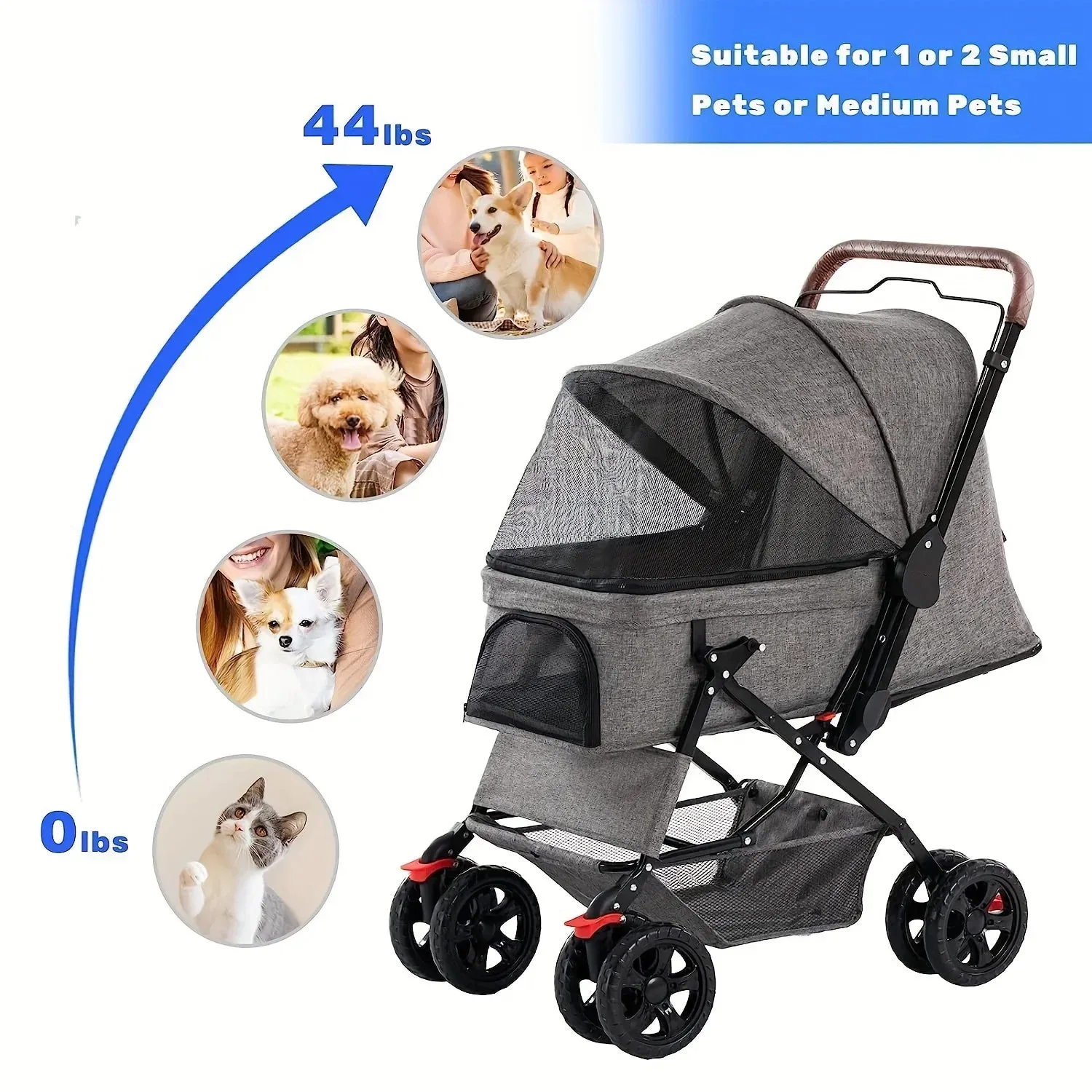 Pet Stroller for Cats and Dogs | Four Wheels Carrier Strolling Cart with Weather Cover | Storage Basket for Small and Medium Dogs | Alo Trendy