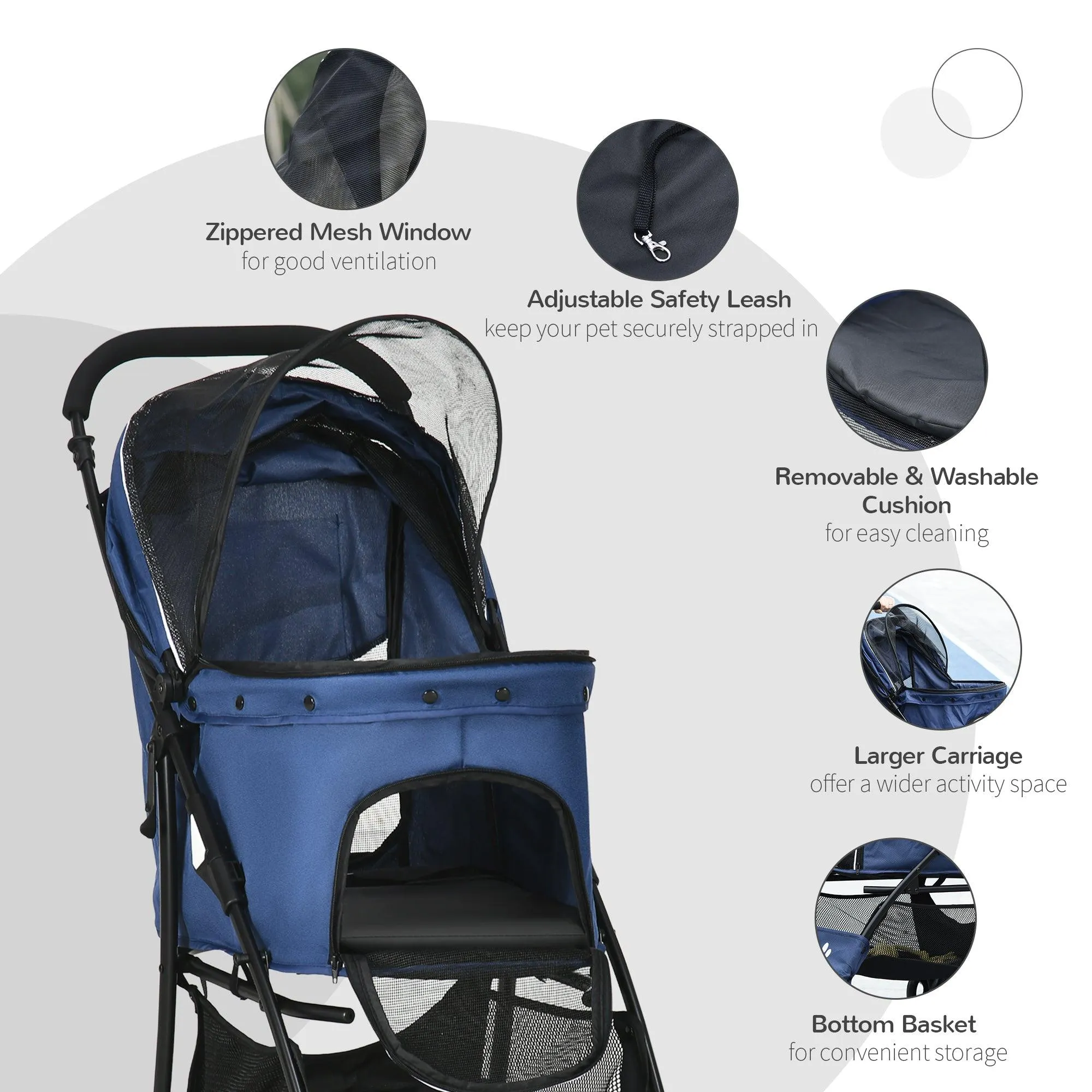 Pet Stroller with Large Carriage, Dark Blue