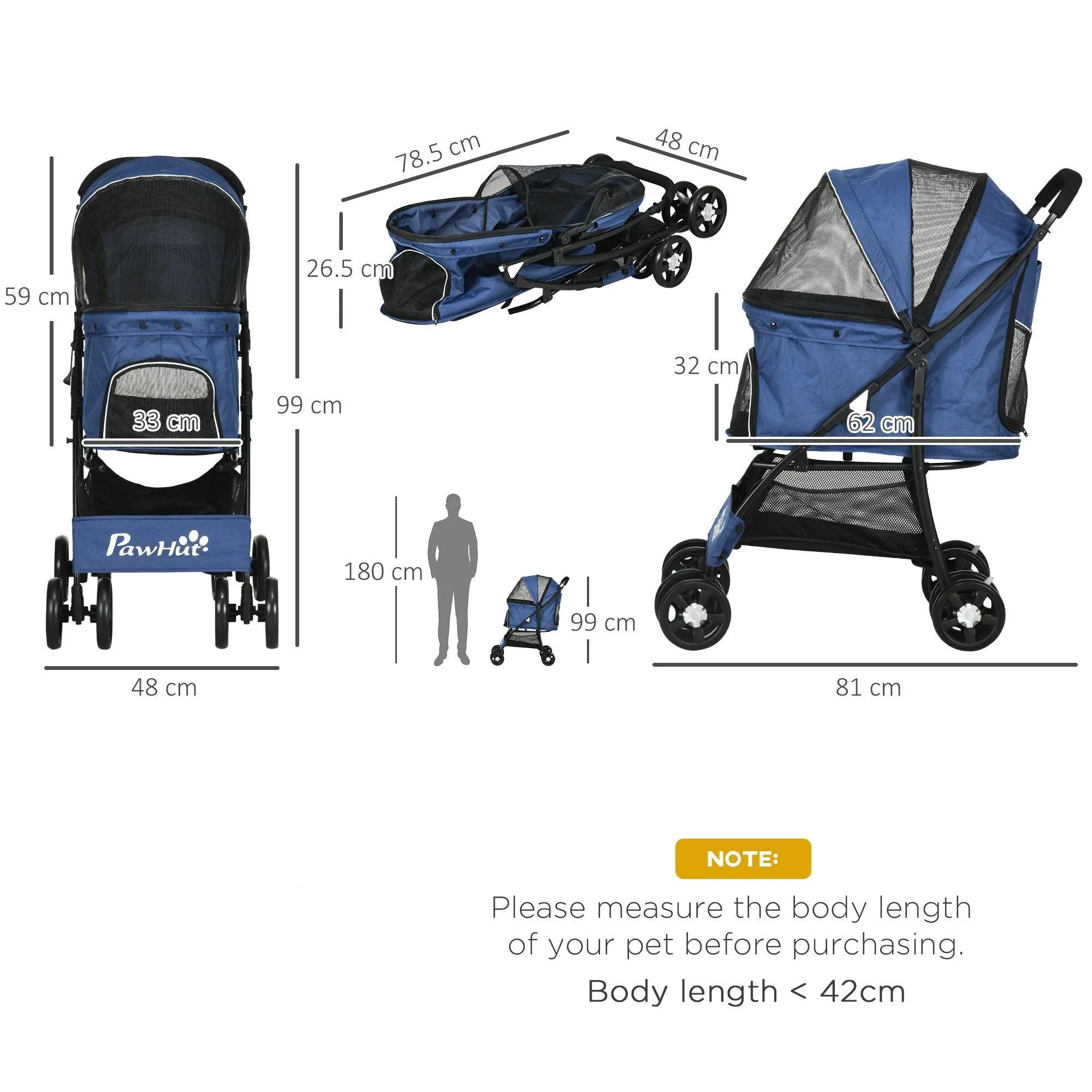 Pet Stroller with Large Carriage, Dark Blue