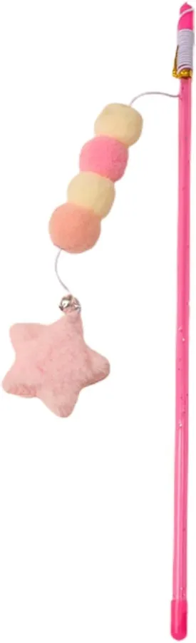 Pink Cat Stick Toy Elastic Rope Plush Ball Star Pendant Bite-Resistant Comfortable Grip Relieve Boredom Handmade Kitten Teaser Wand Cat Mice and Animals Toys