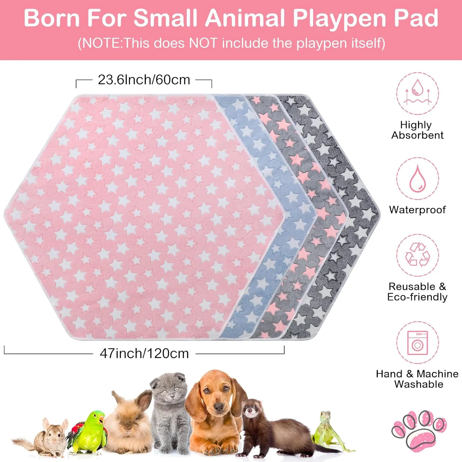 Preboun 4 Pcs 47 in Guinea Pig Playpen Pad Waterproof Hexagon Mat Reusable Dog Playpen Liner for Small Animal Rabbit Cage Tent Pee Pad Washable Yard Fence(Star)