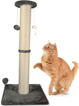 Premium Large Cat Scratch Post Heavy Duty Big Scratching Surface Hanging Mouse and Ball Toys for Engagement, Great for All Cats (Grey)