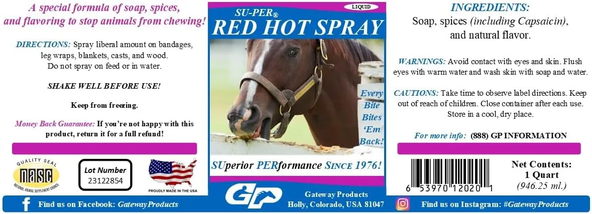 Red Hot Spray Chewing Deterrent - Horse Anti Chew Liquid Pepper Spray - Stops Horses from Chewing and Cribbing - 1 Quart, (2 Pack)   Sprayer