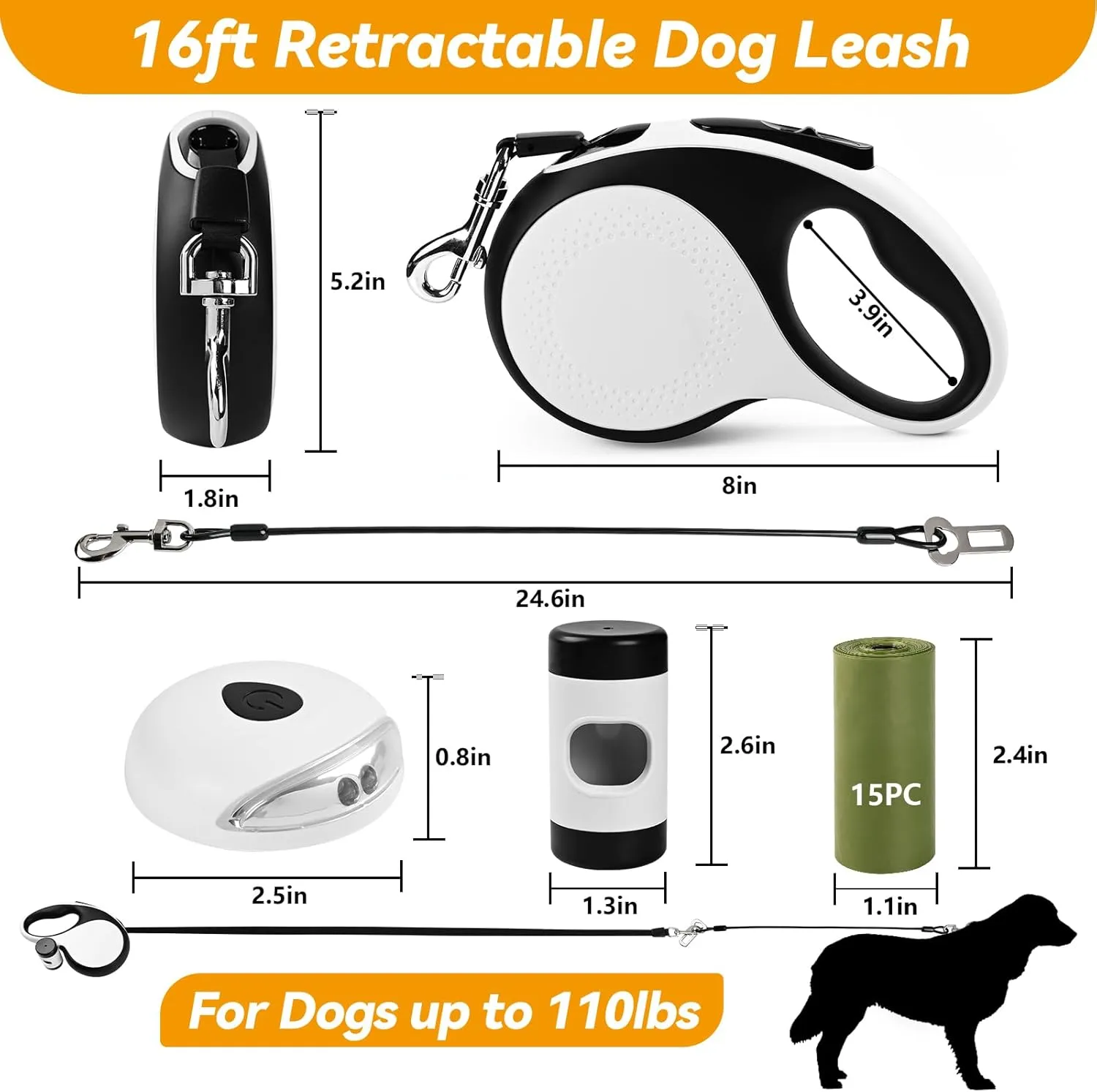 Retractable Dog Leash for Large Dogs, 16ft Heavy Duty-for Dog up to 110lbs, with Chew Proof Cable, LED Light, Dispenser, Poop Bags, 360 No Tangle, One-Handed Brake & Lock. (White, 16ft)