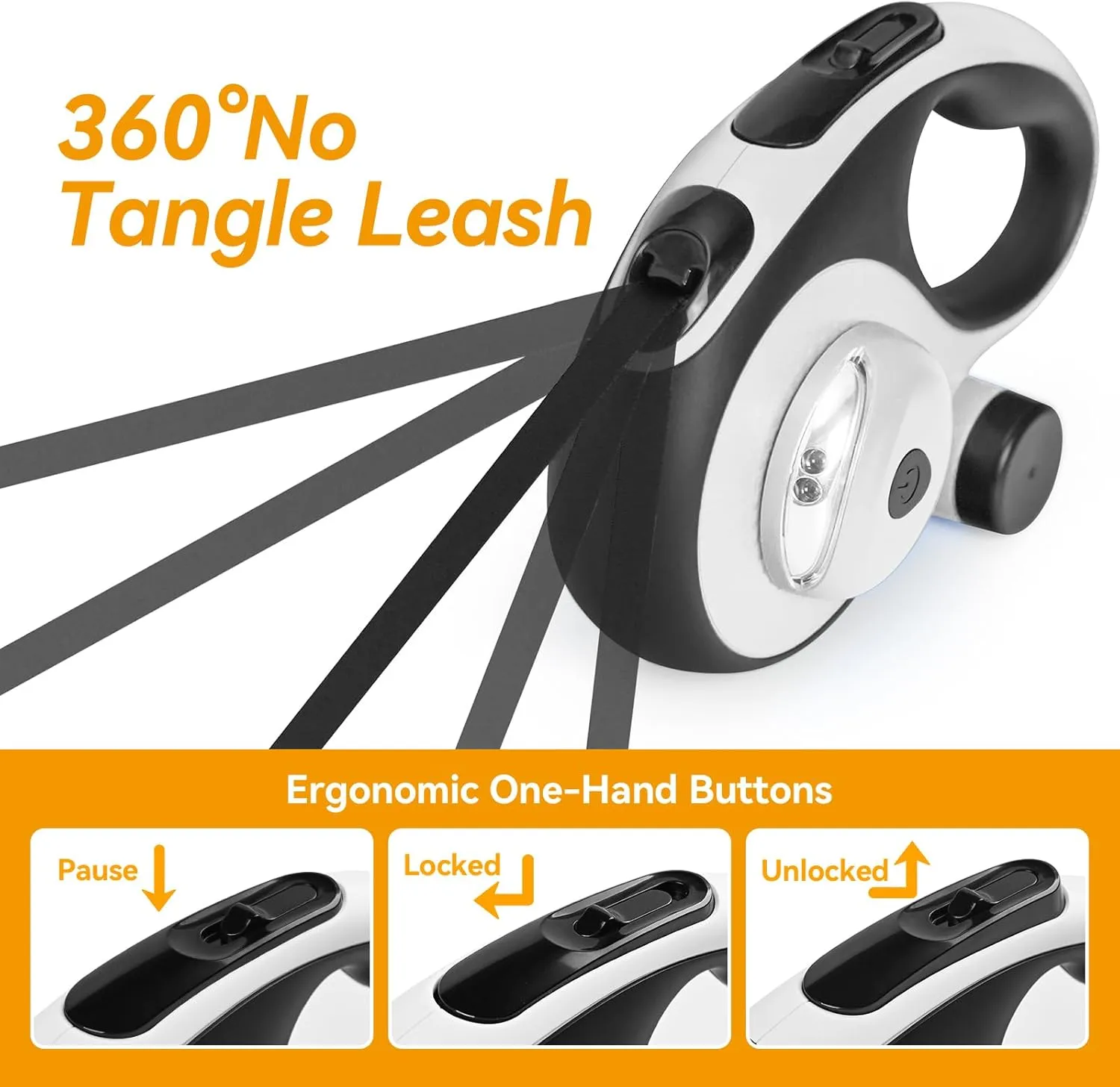 Retractable Dog Leash for Large Dogs, 16ft Heavy Duty-for Dog up to 110lbs, with Chew Proof Cable, LED Light, Dispenser, Poop Bags, 360 No Tangle, One-Handed Brake & Lock. (White, 16ft)