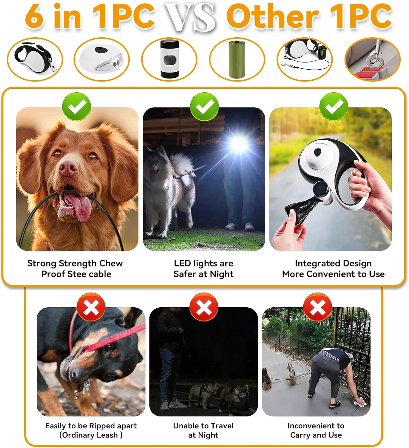 Retractable Dog Leash for Large Dogs, 16ft Heavy Duty-for Dog up to 110lbs, with Chew Proof Cable, LED Light, Dispenser, Poop Bags, 360 No Tangle, One-Handed Brake & Lock. (White, 16ft)