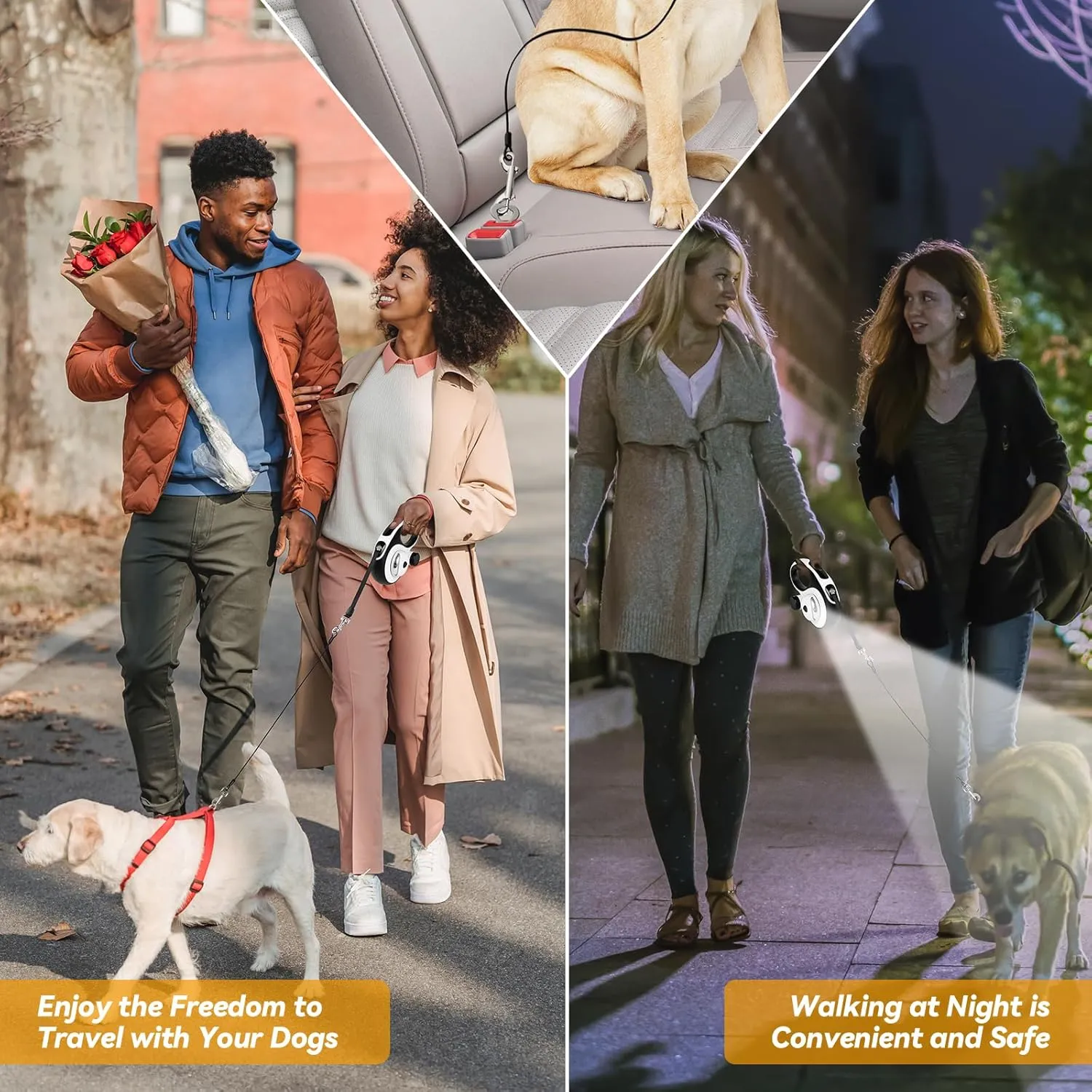 Retractable Dog Leash for Large Dogs, 16ft Heavy Duty-for Dog up to 110lbs, with Chew Proof Cable, LED Light, Dispenser, Poop Bags, 360 No Tangle, One-Handed Brake & Lock. (White, 16ft)