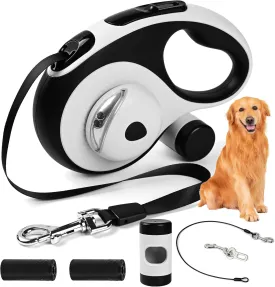 Retractable Dog Leash for Large Dogs, 16ft Heavy Duty-for Dog up to 110lbs, with Chew Proof Cable, LED Light, Dispenser, Poop Bags, 360 No Tangle, One-Handed Brake & Lock. (White, 16ft)