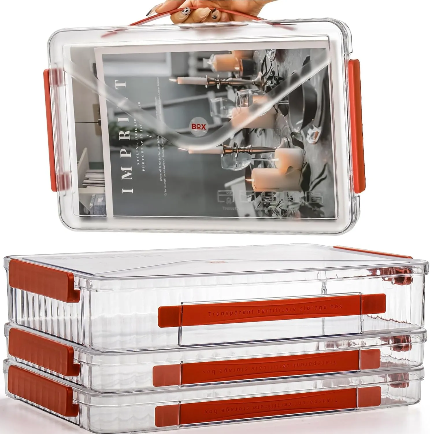 Set of 3 Portable Paper Storage Box Organizer, 9" X 14" Clear Plastic File Storage Box with Lids, Stackable Document Box Project Case for Organizing A4 File Paper, School Supply, Craft